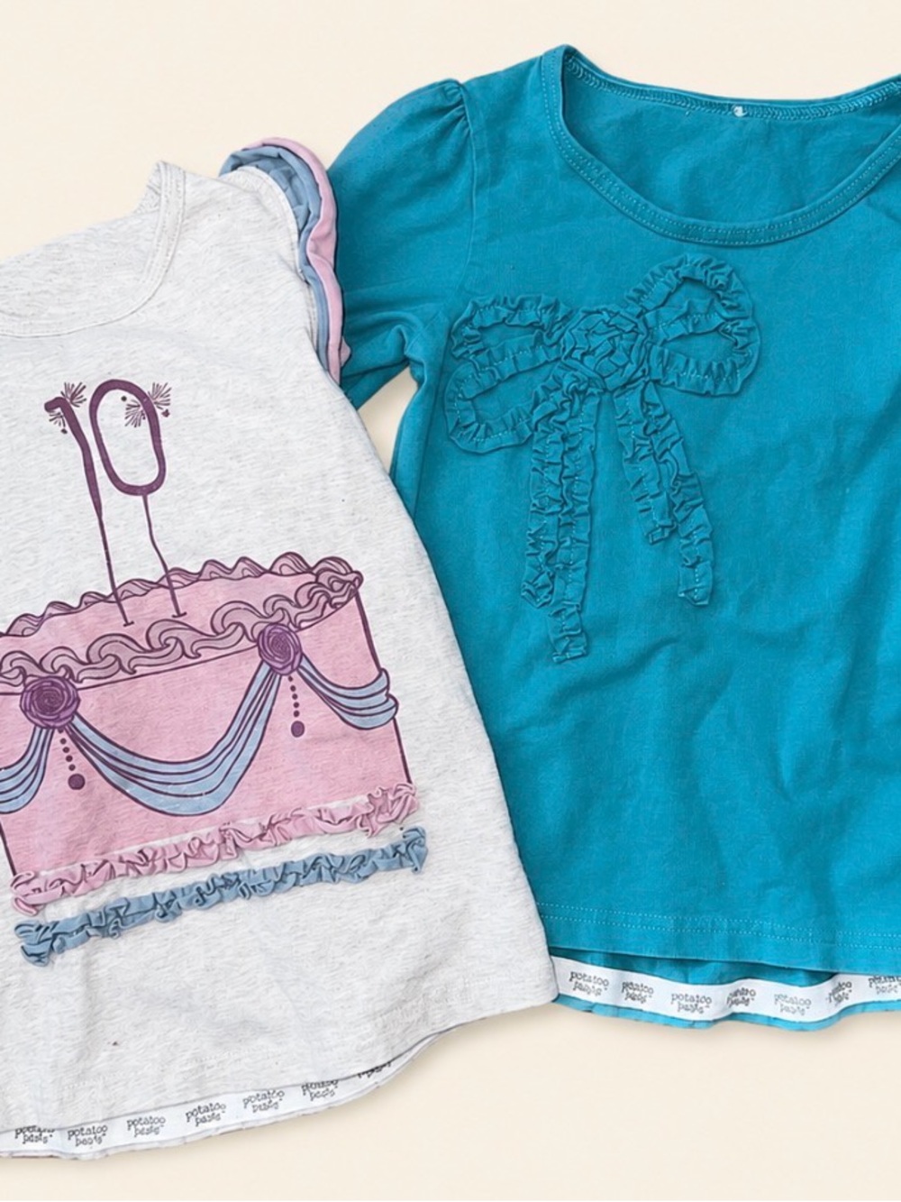 Girls Birthday Cake Tank w ruffle appliqué.  and Teal Ruffle Bow Long Sleeve